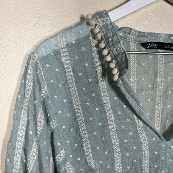Zara Womens Green Blue Embroidered Blouse Pom Pom Collar Boho Size Large - Picture 4 of 9